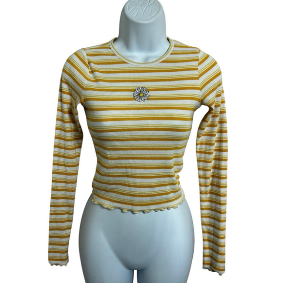 Hollister Yellow Striped Ribbed Daisy Top Sz XS Long-Sleeve Stretch Blouse - Picture 3 of 6